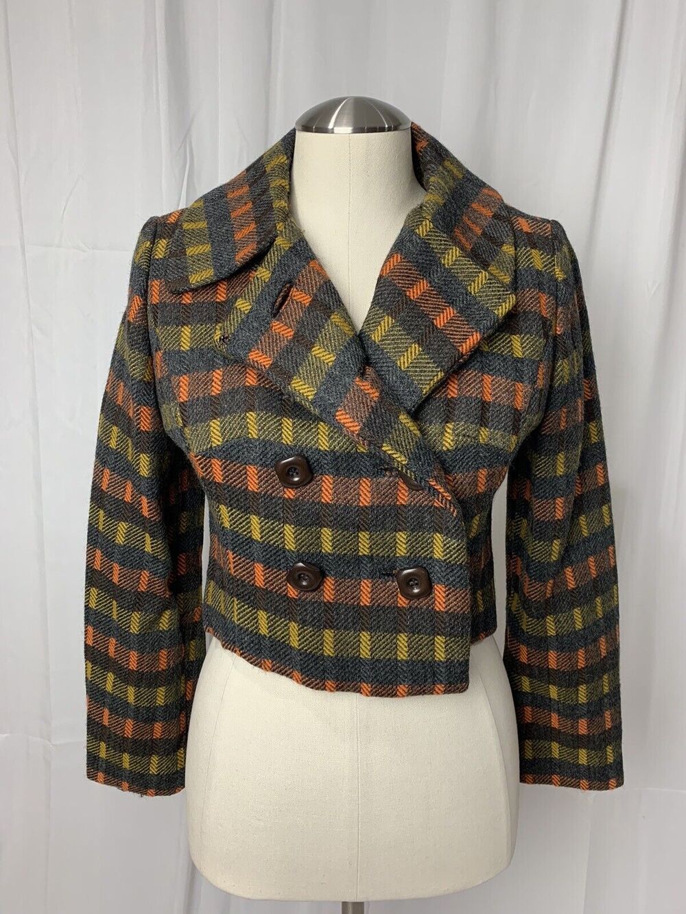 Vintage Evelyn Bader Women’s Fitted Plaid Jacket Gray/ Yellow/ Orange Size S